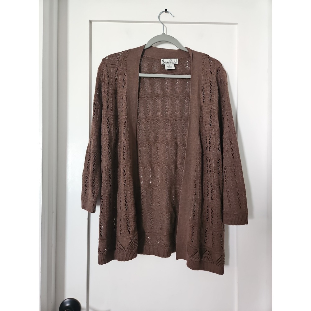Nouveaux Crochet Open Front Cardigan Brown Pointelle Knit Boho Medium